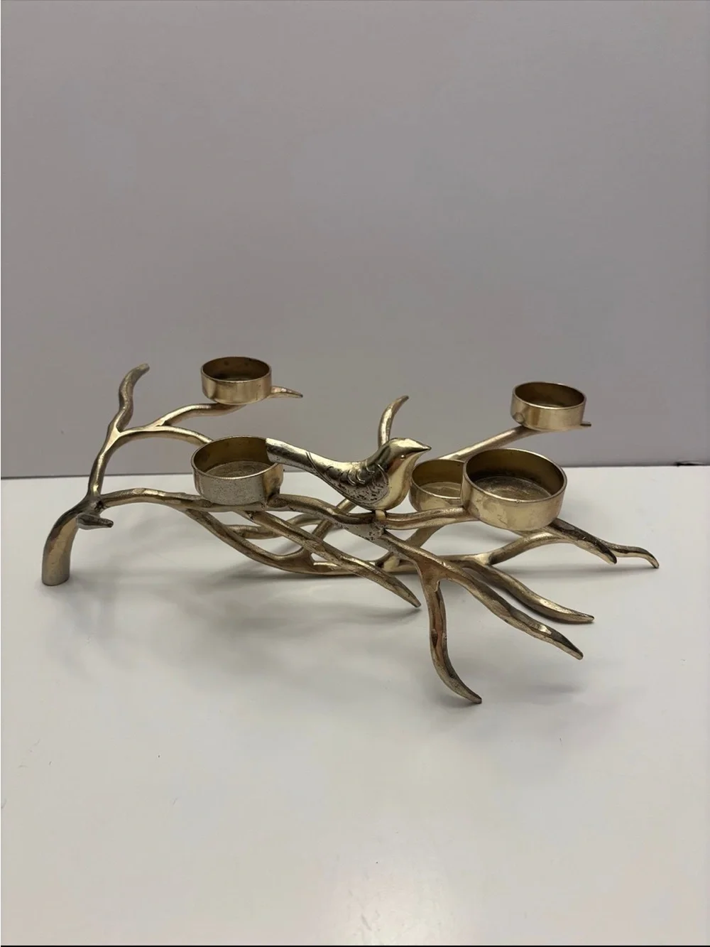 Vintage gold, color, bird and branch five votive candle holder decor